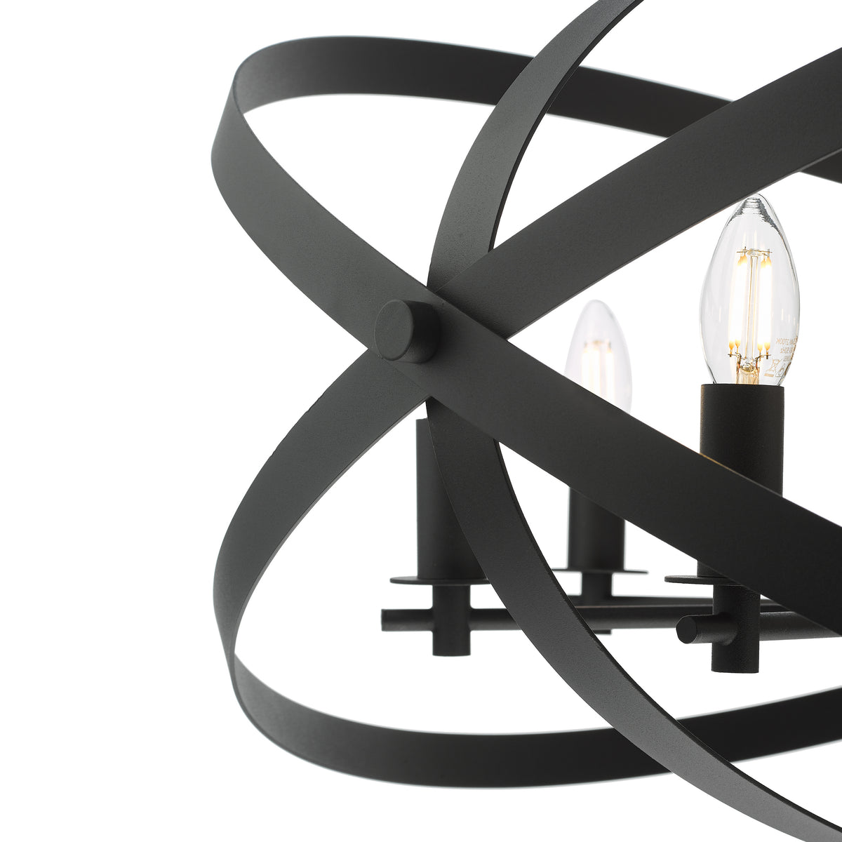 Close-up of a black metal orb chandelier with three exposed candle-style light bulbs