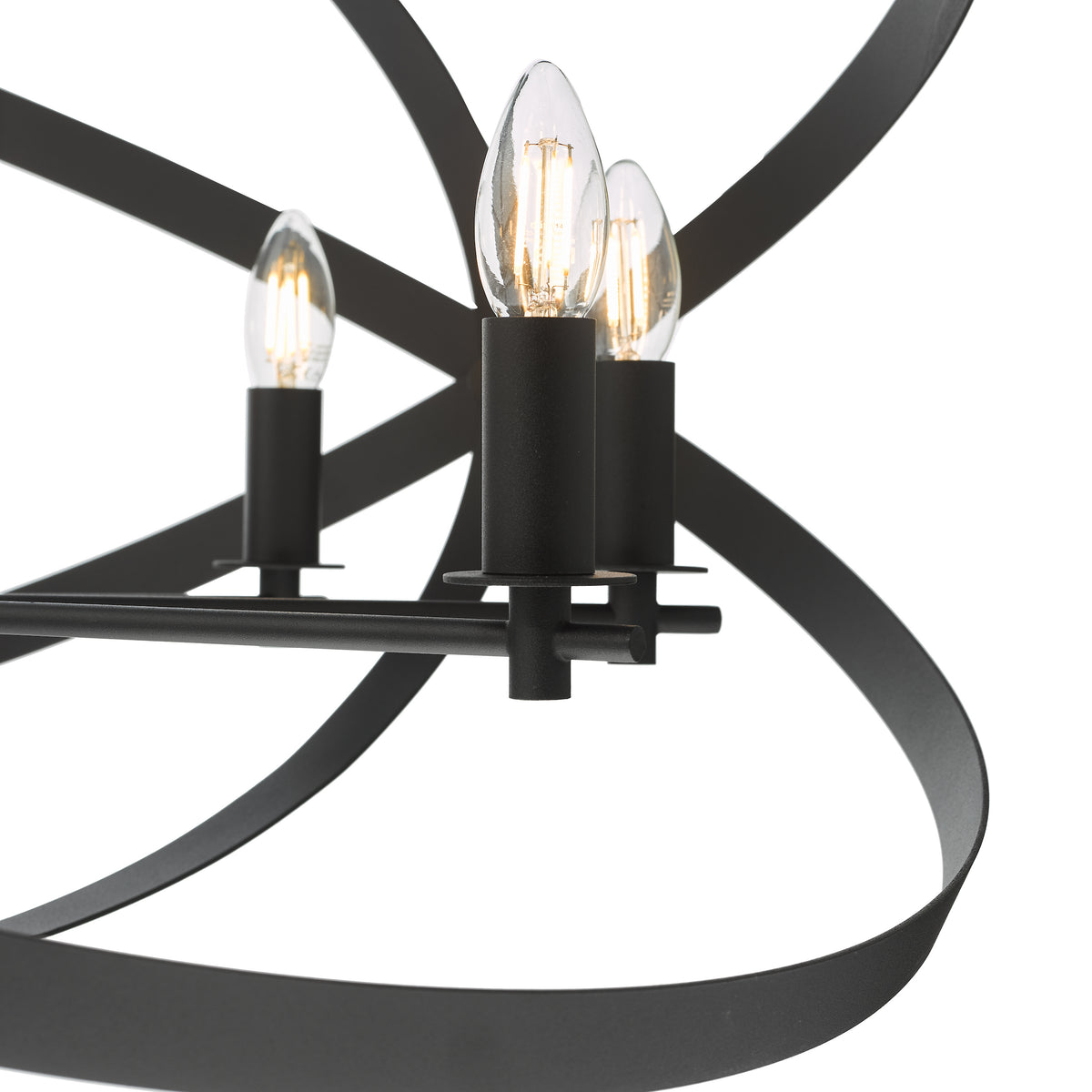 Close up of a black metal chandelier with three exposed candle-style light bulbs
