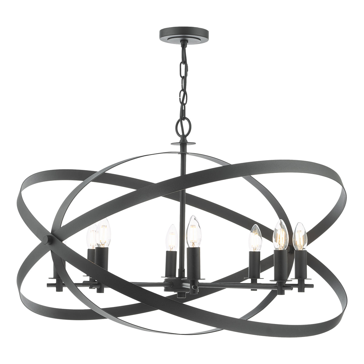Black metal chandelier with six exposed bulbs and an orb-shaped frame