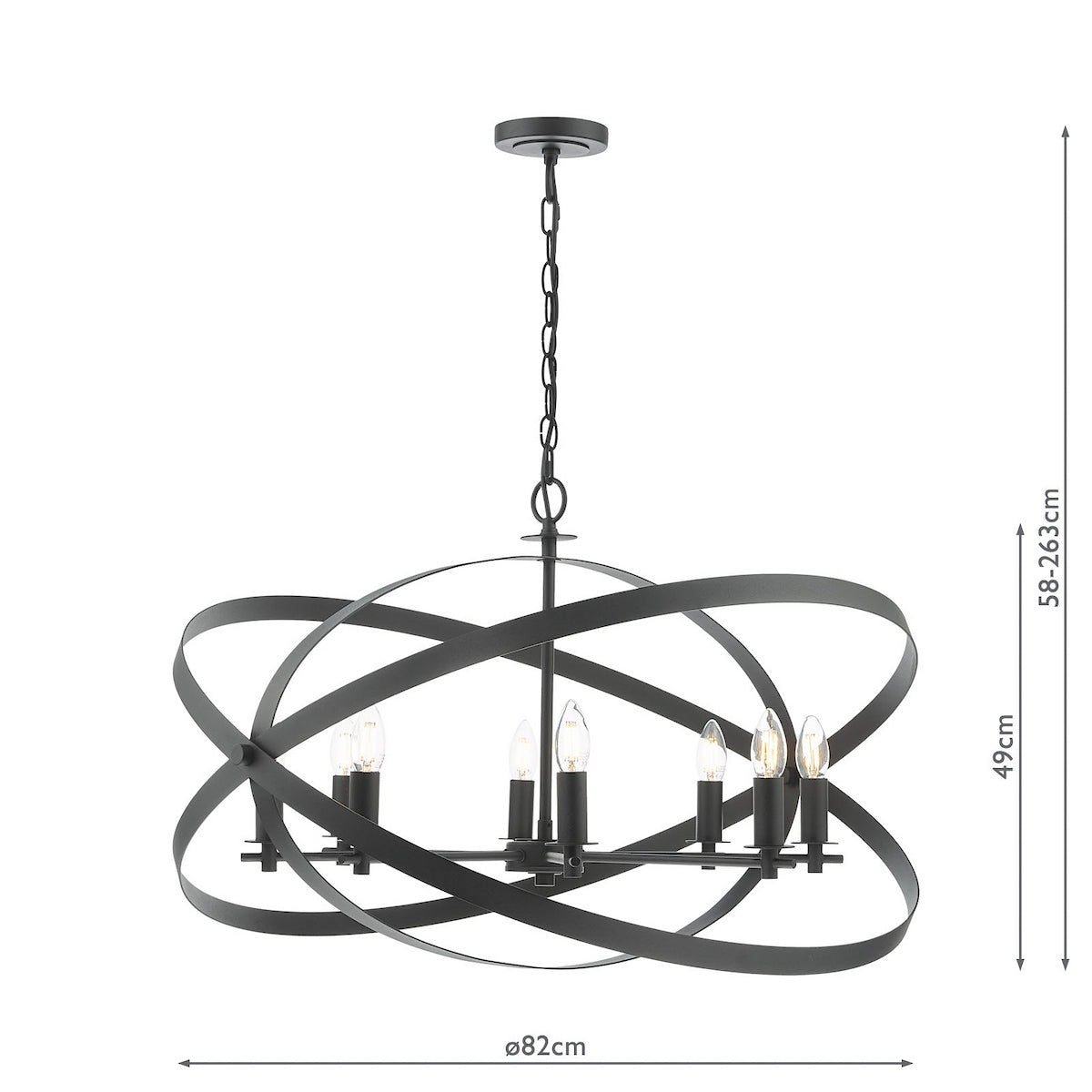 Black metal chandelier with six exposed bulbs and an orb-shaped frame