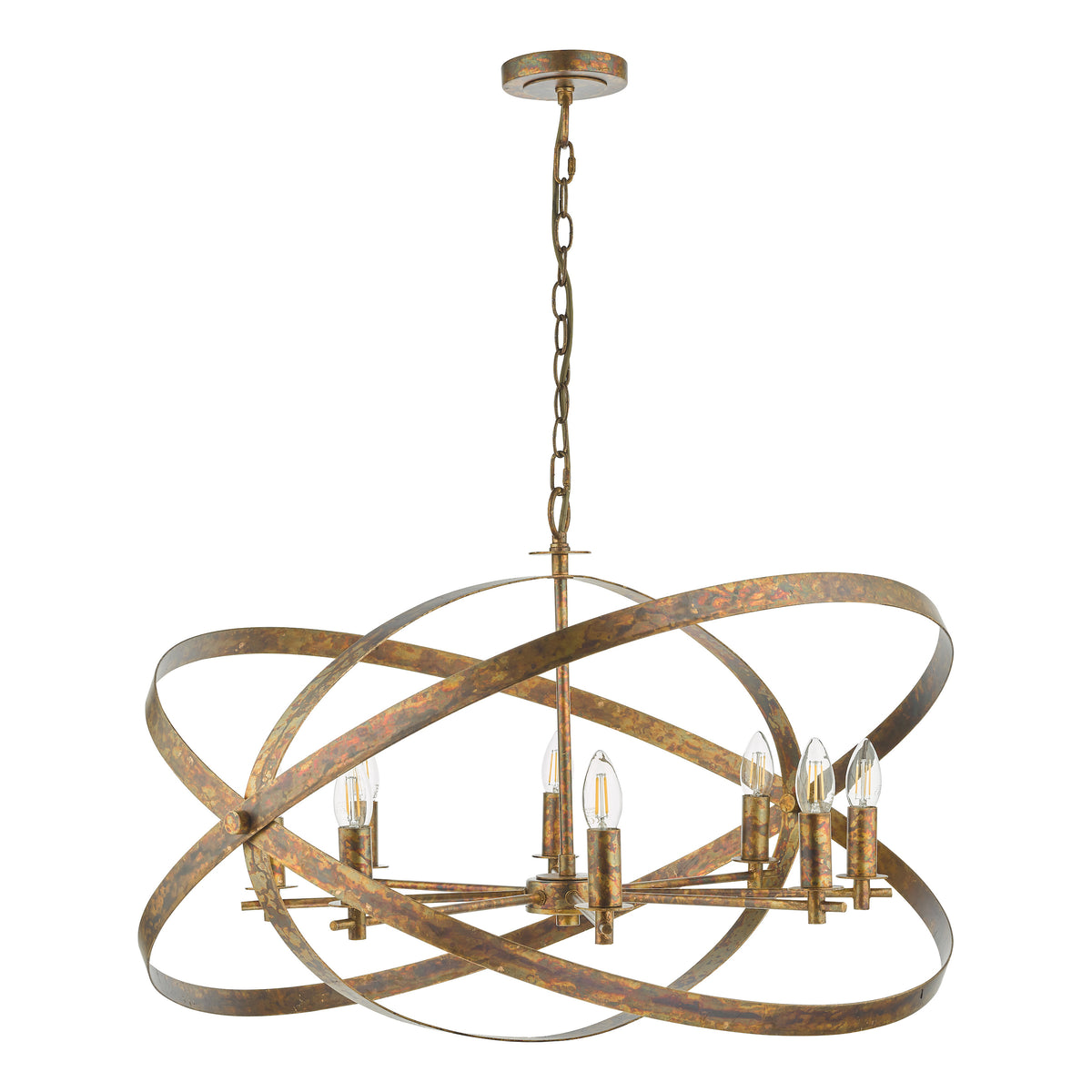 Orbital chandelier with six exposed bulbs and an antique brass finish