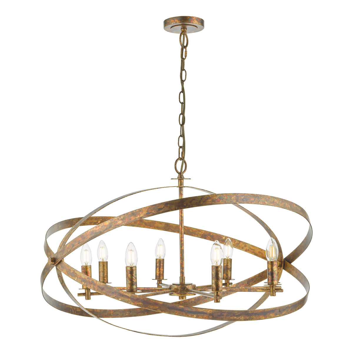 A six-light chandelier with an antique brass finish and an open, spherical design