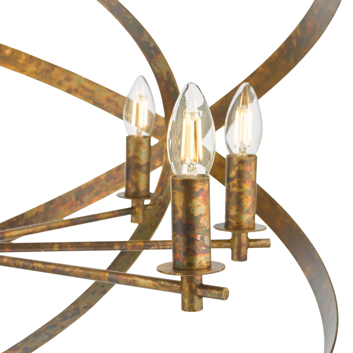 Close up of a chandelier with three exposed bulbs and a distressed gold finish