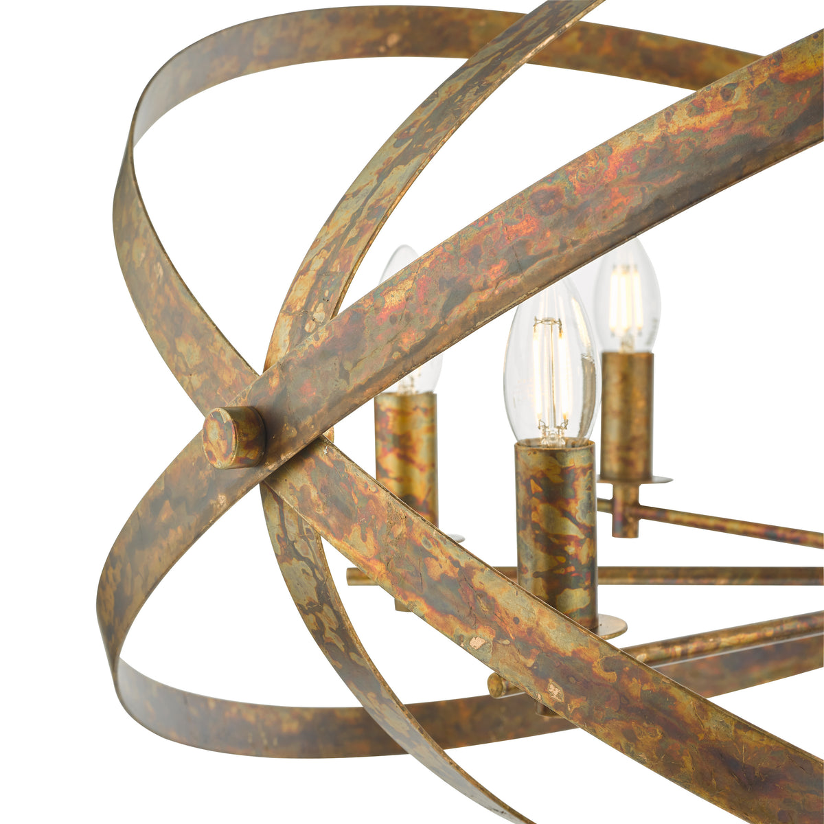 Close up of a brass chandelier with three light bulbs