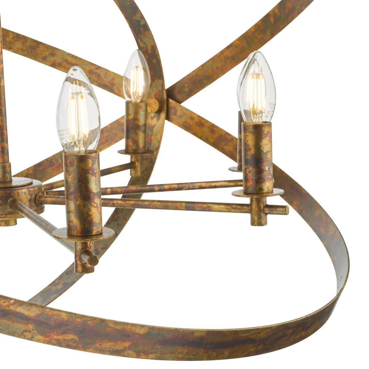 Close up of a bronze chandelier with four exposed bulbs