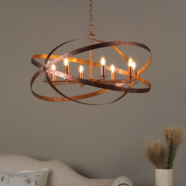A rustic, orb-shaped chandelier with six exposed bulbs, crafted from distressed copper-toned metal bands.
