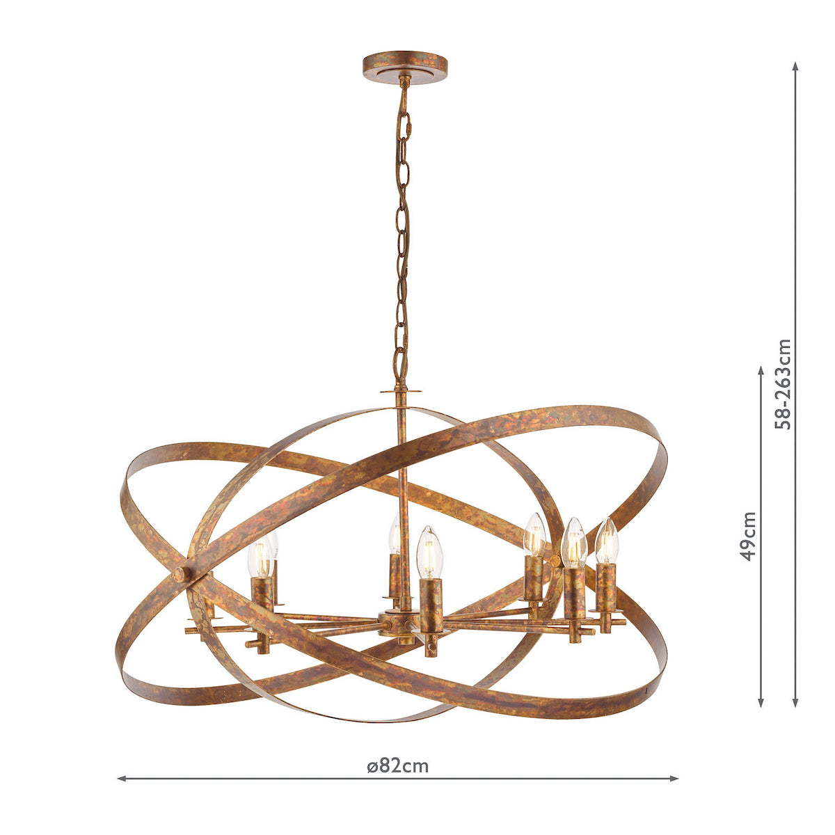 Bronze chandelier with six lights and an orb-shaped frame, showing dimensions of 82cm width and 49cm height