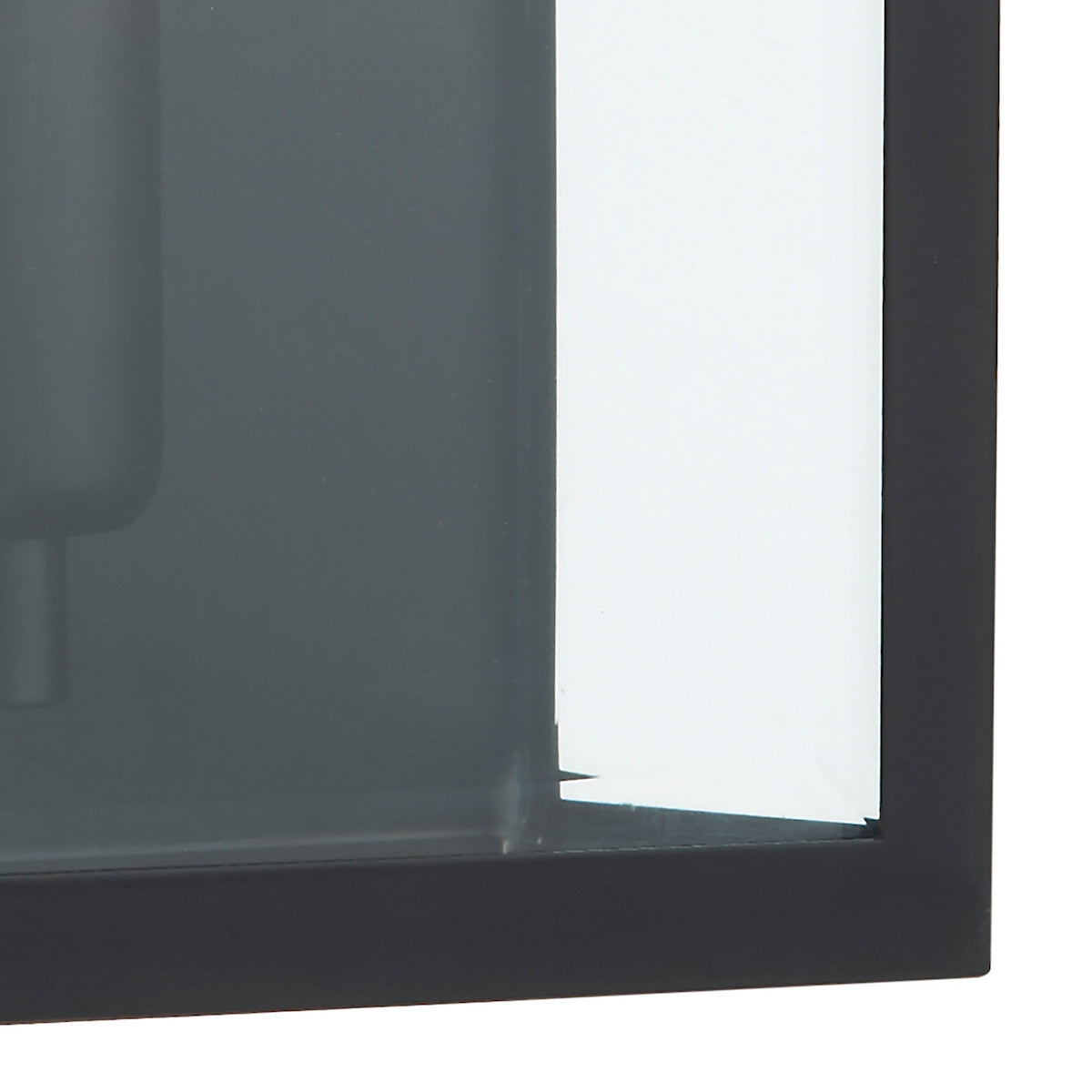 Close-up of a black metal frame with a glass panel, showing a dark object inside.