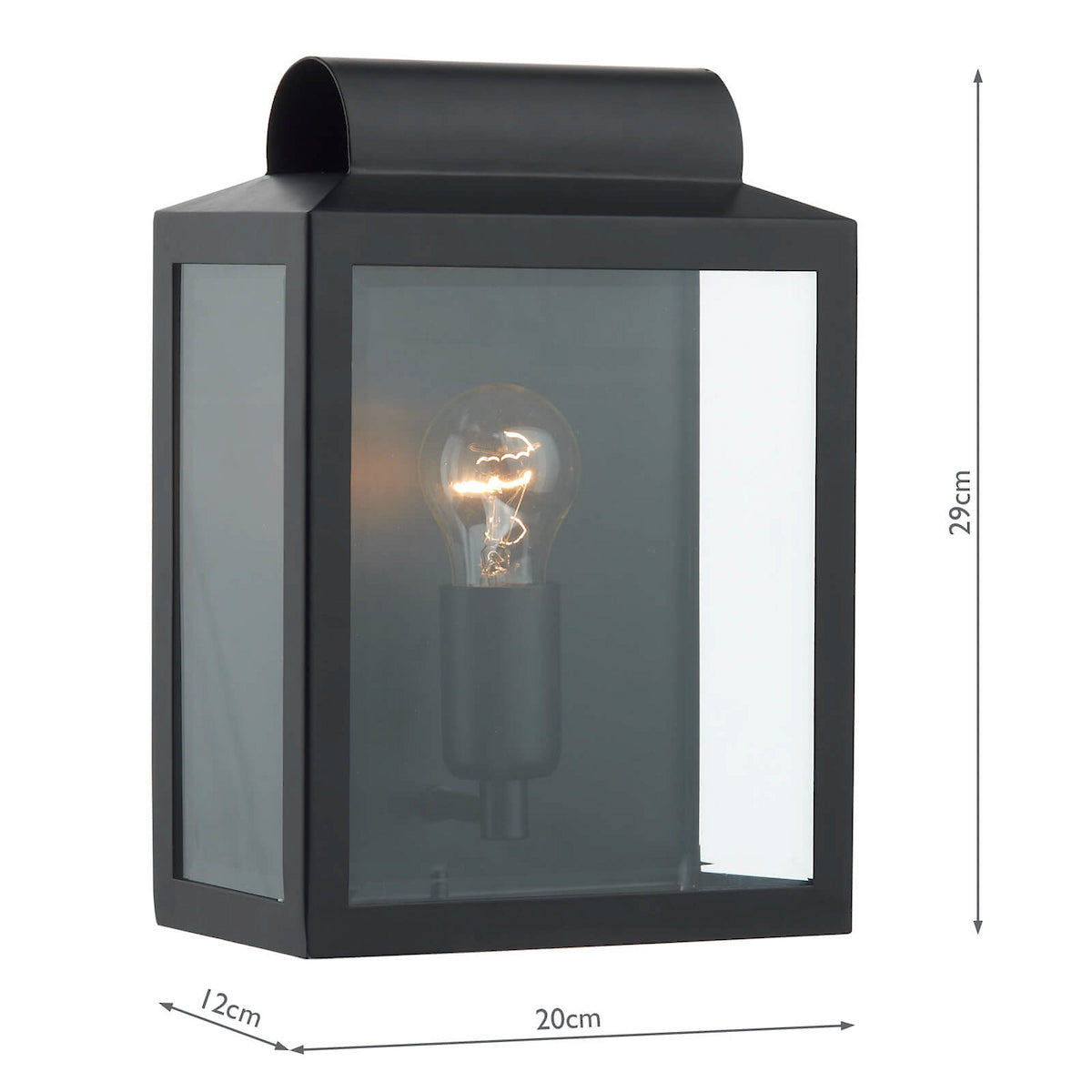 Black outdoor wall light with clear glass panels and an exposed filament bulb, showing dimensions.