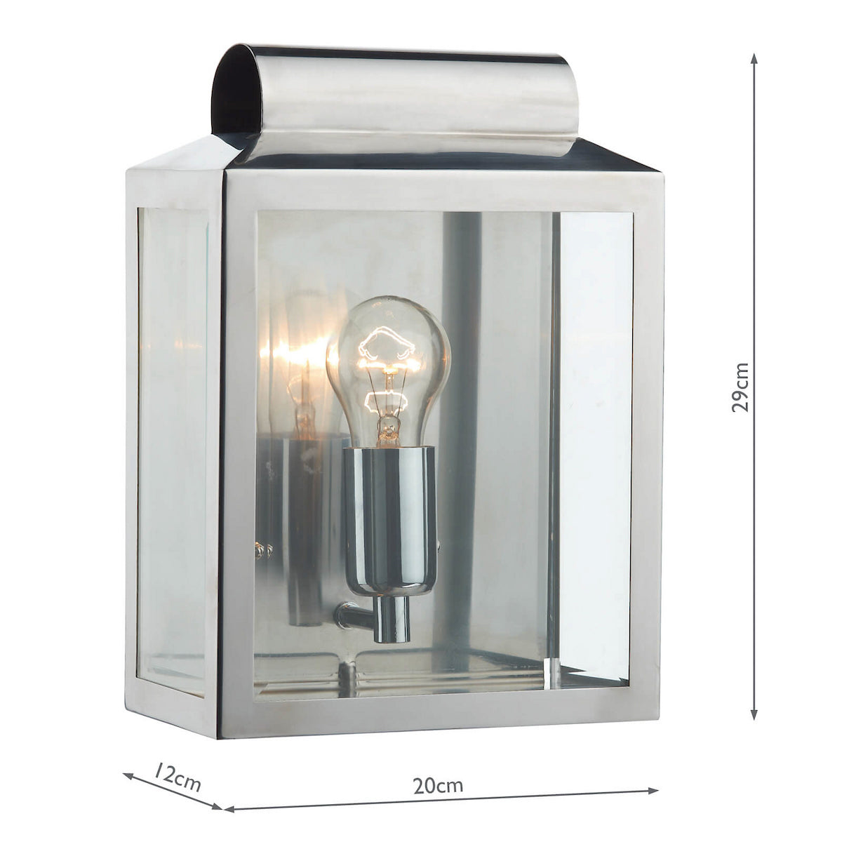 Polished chrome outdoor wall light with clear glass panels and exposed bulb, showing dimensions.