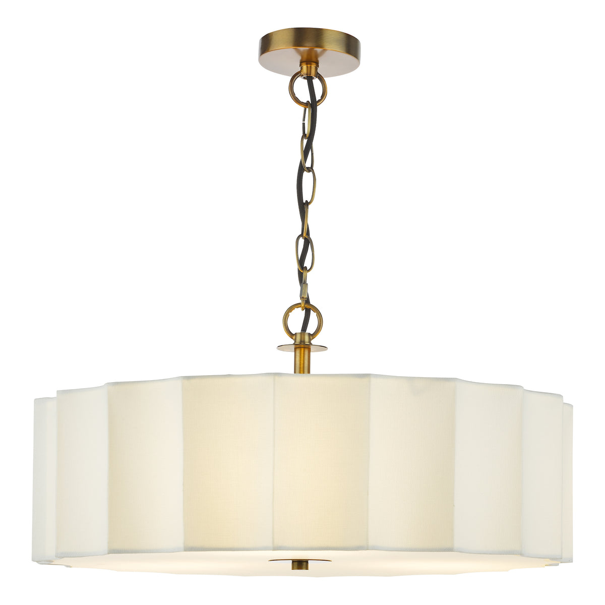 White fabric chandelier with brass chain and ceiling mount