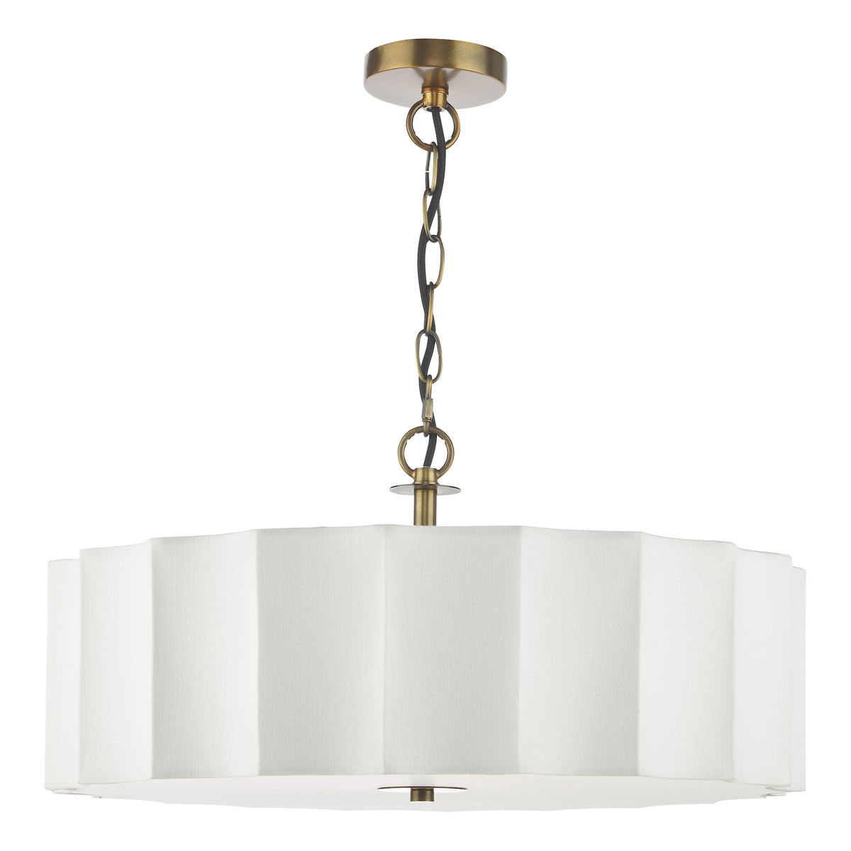 White fabric chandelier with pleated shade and brass chain