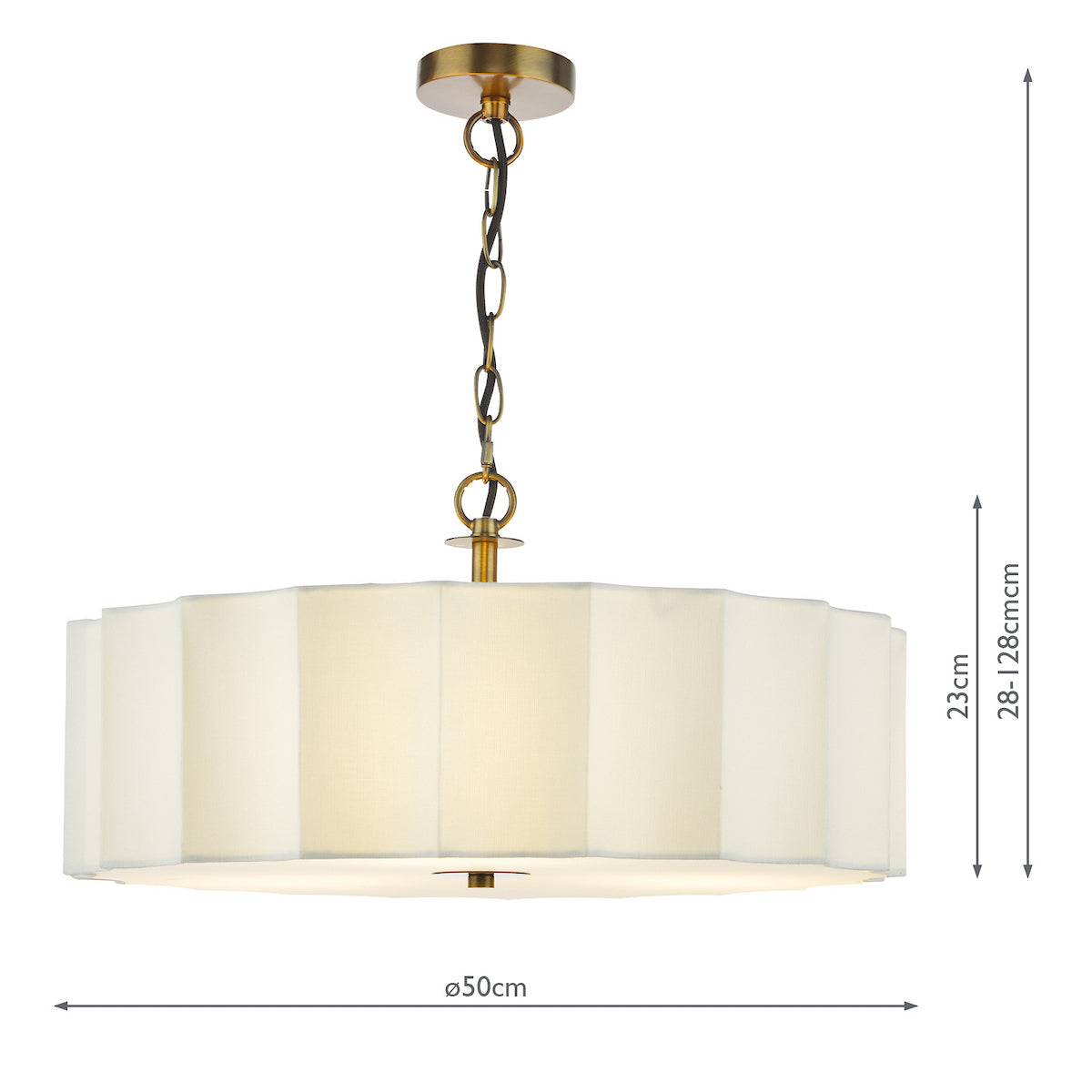 Brass pendant light with a cream fabric shade and dimensions
