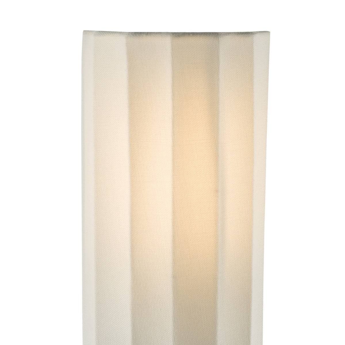 Close up of a fabric lampshade with vertical stripes in varying shades of beige and white