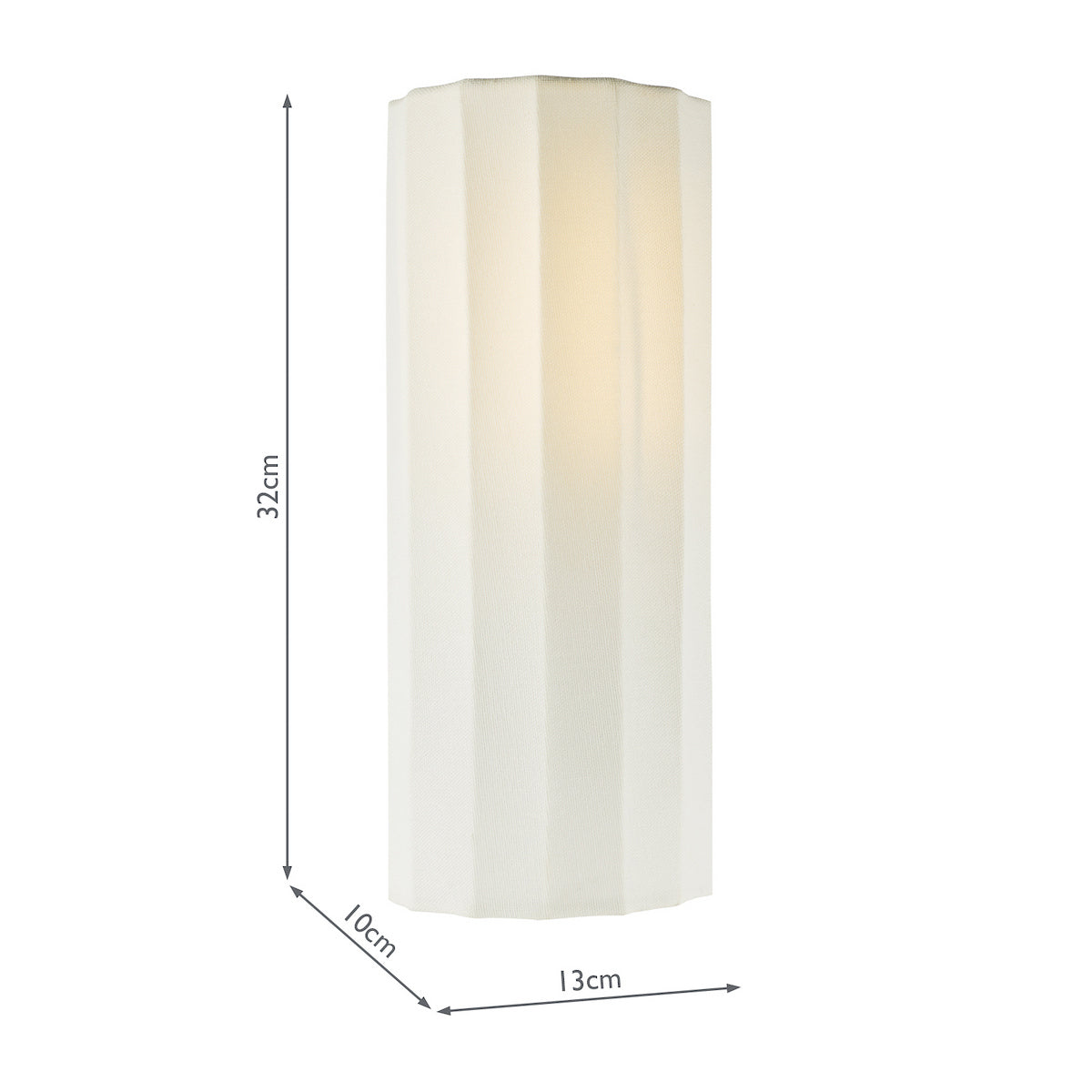 White pleated wall light with dimensions 32cm height, 10cm depth, and 13cm width