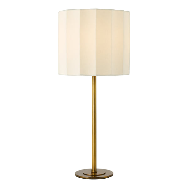 Tall floor lamp with a pleated cream fabric shade and a brass-colored metal base and stand