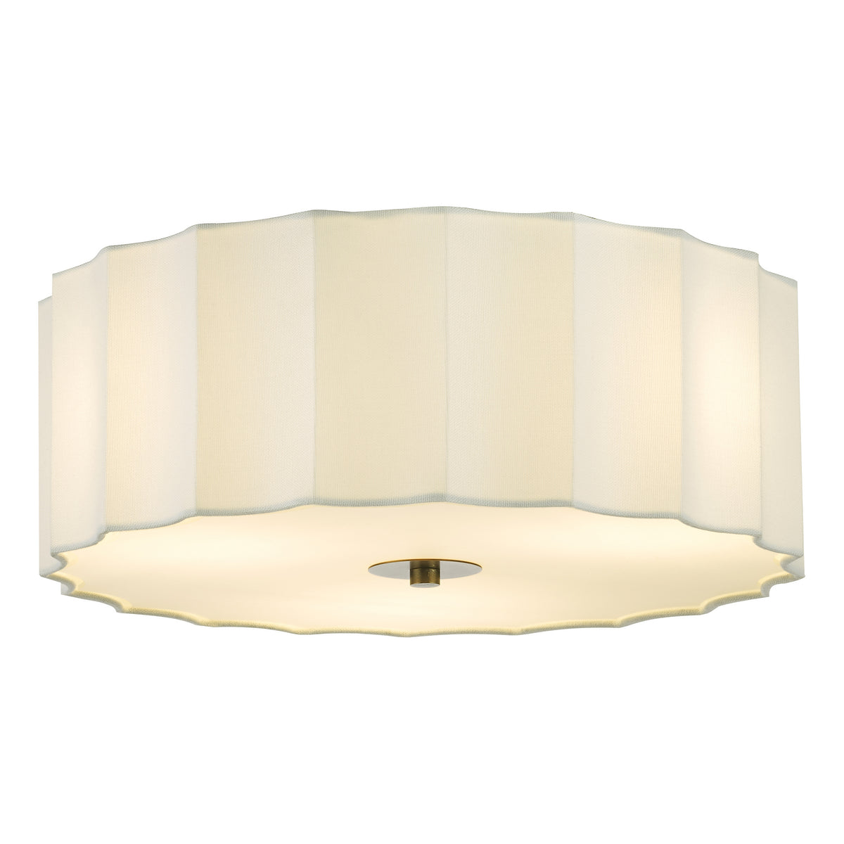 Scalloped fabric flush mount light fixture with a brass finial
