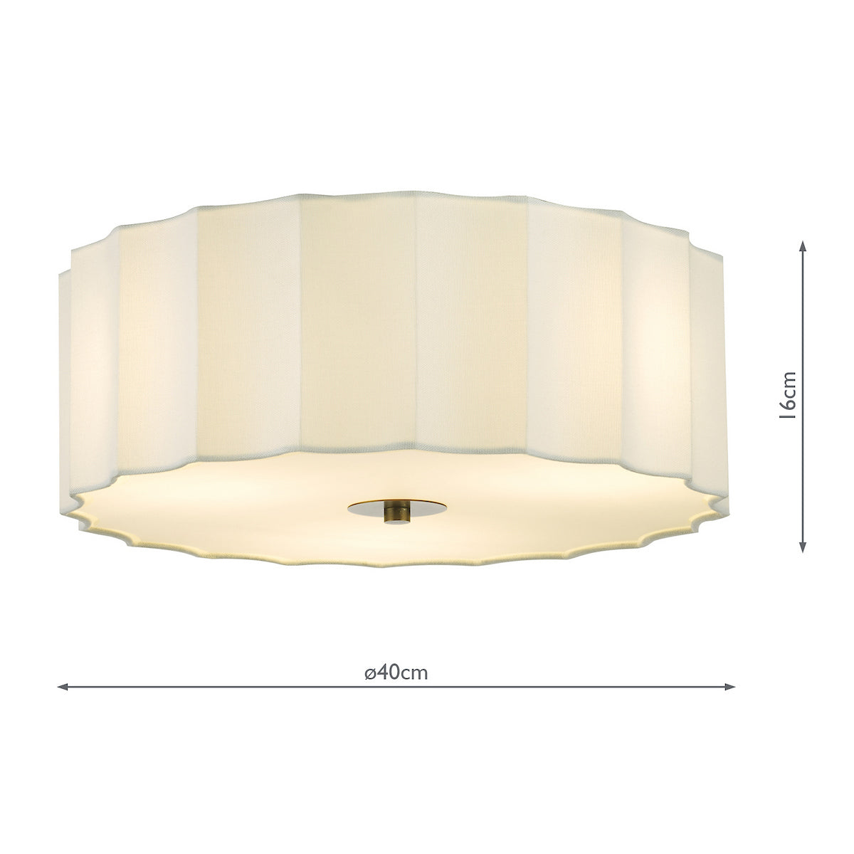 Cream fabric ceiling light with a scalloped edge and brass fitting, 40cm diameter and 16cm height