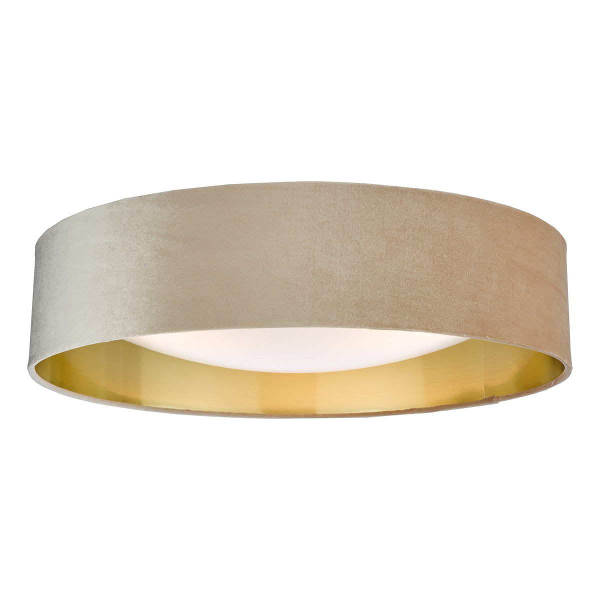 Round ceiling light with a beige velvet shade and a gold interior