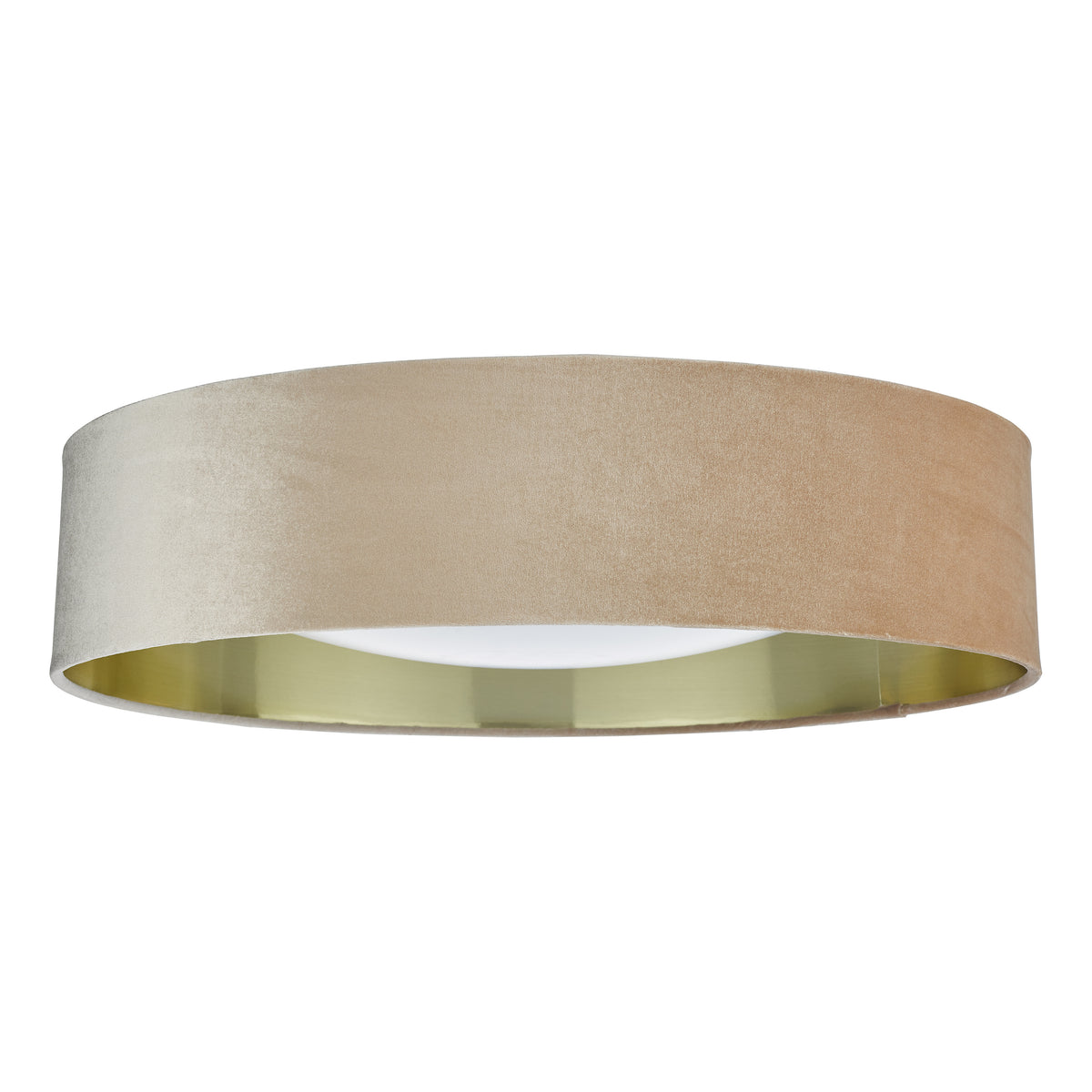Round ceiling light with a beige velvet exterior and a gold interior