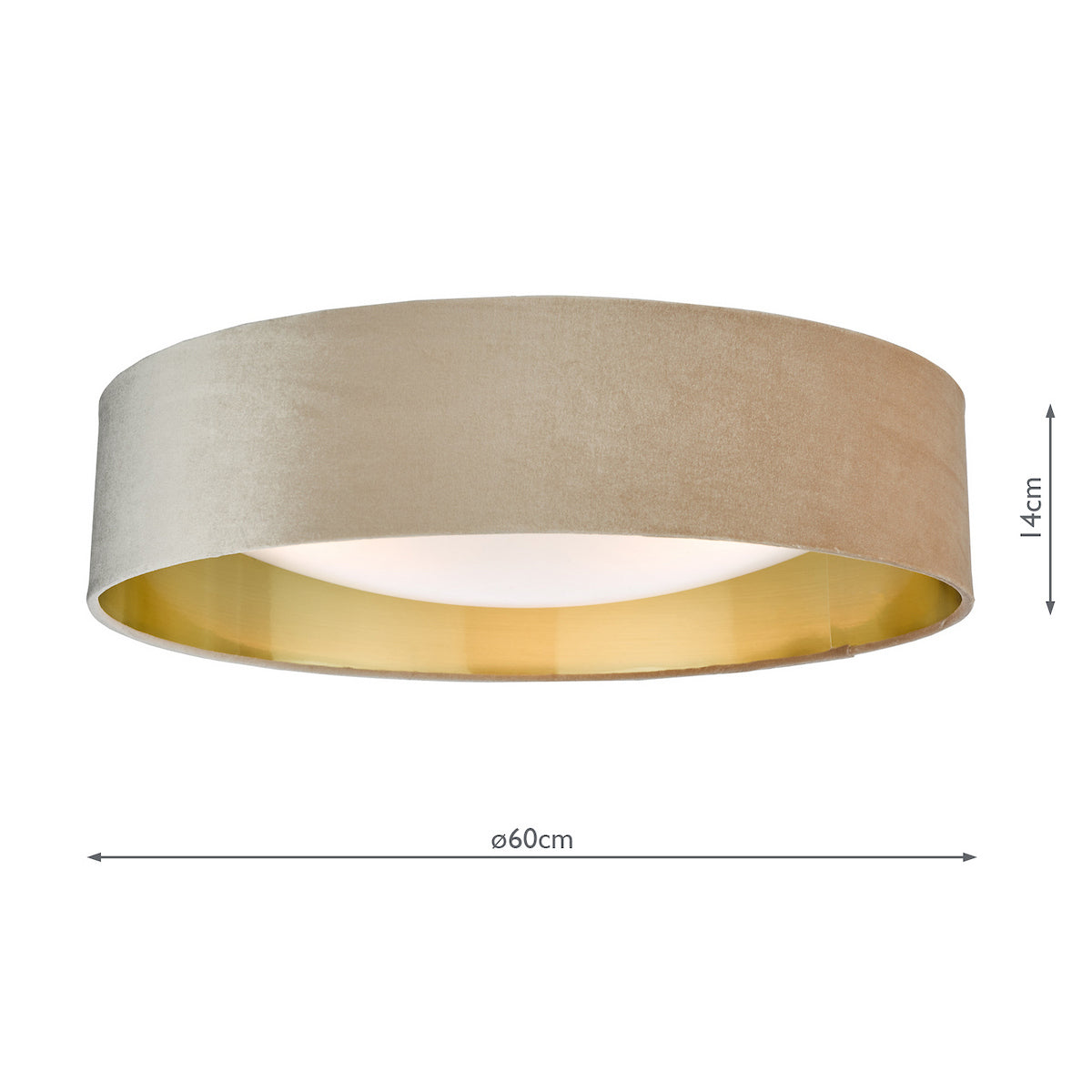Round ceiling lamp with a beige fabric shade and a gold interior, with dimensions