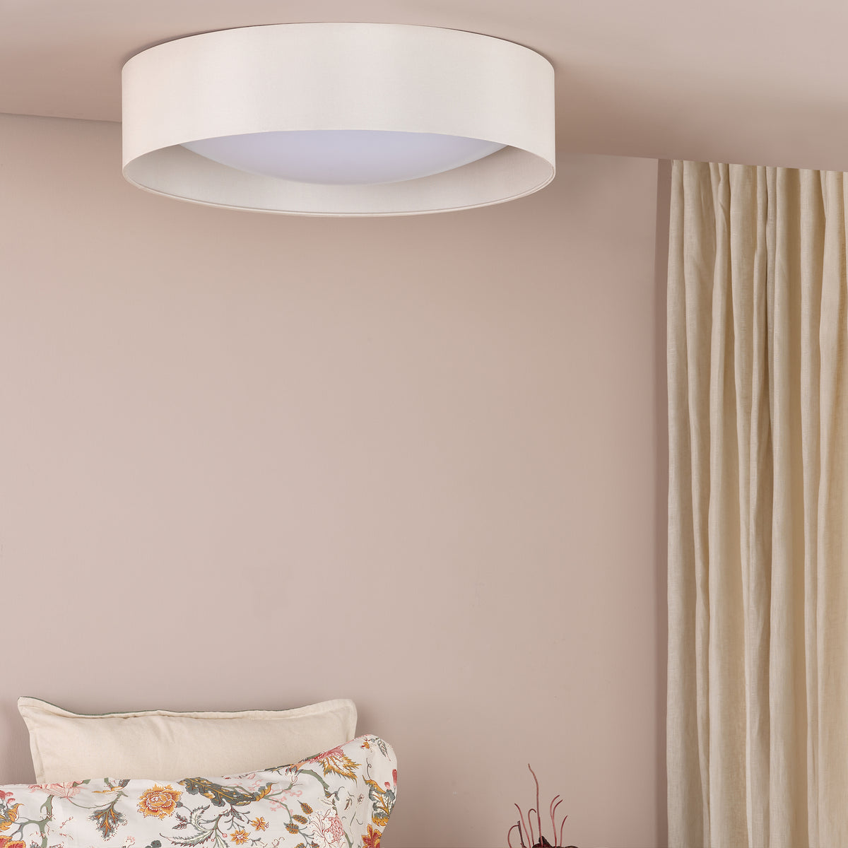 Nysa Large Flush Ceiling Light in Taupe Faux Silk with Acrylic Diffuser