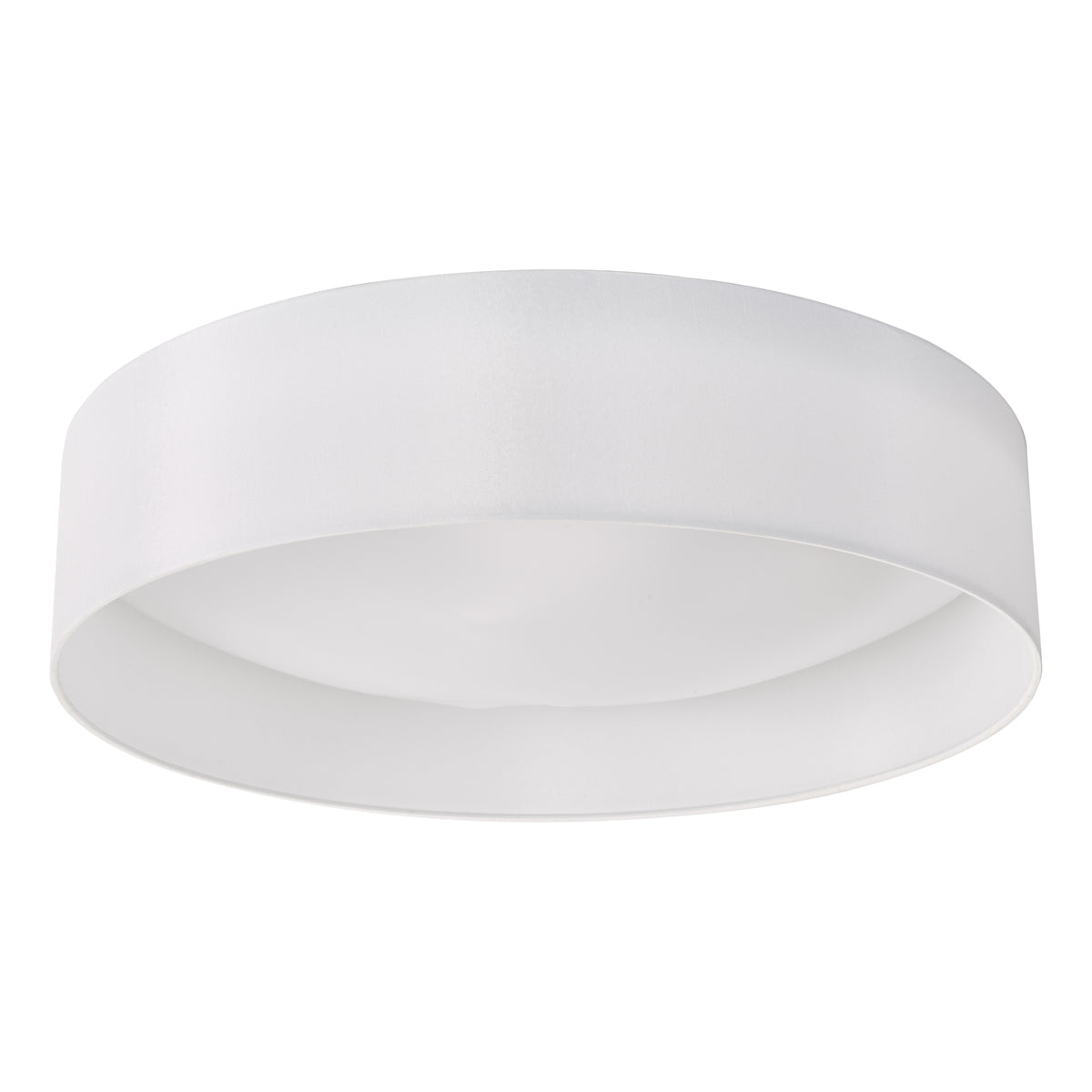White round ceiling light with a fabric shade and a frosted diffuser