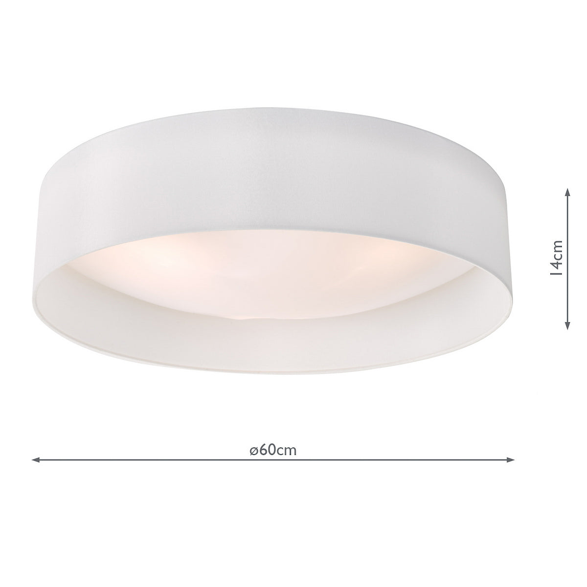 White fabric ceiling light with a diameter of 60cm and a height of 14cm
