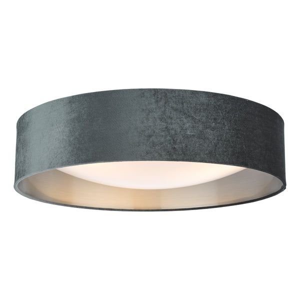 Round ceiling light with a dark grey velvet shade and a white diffuser