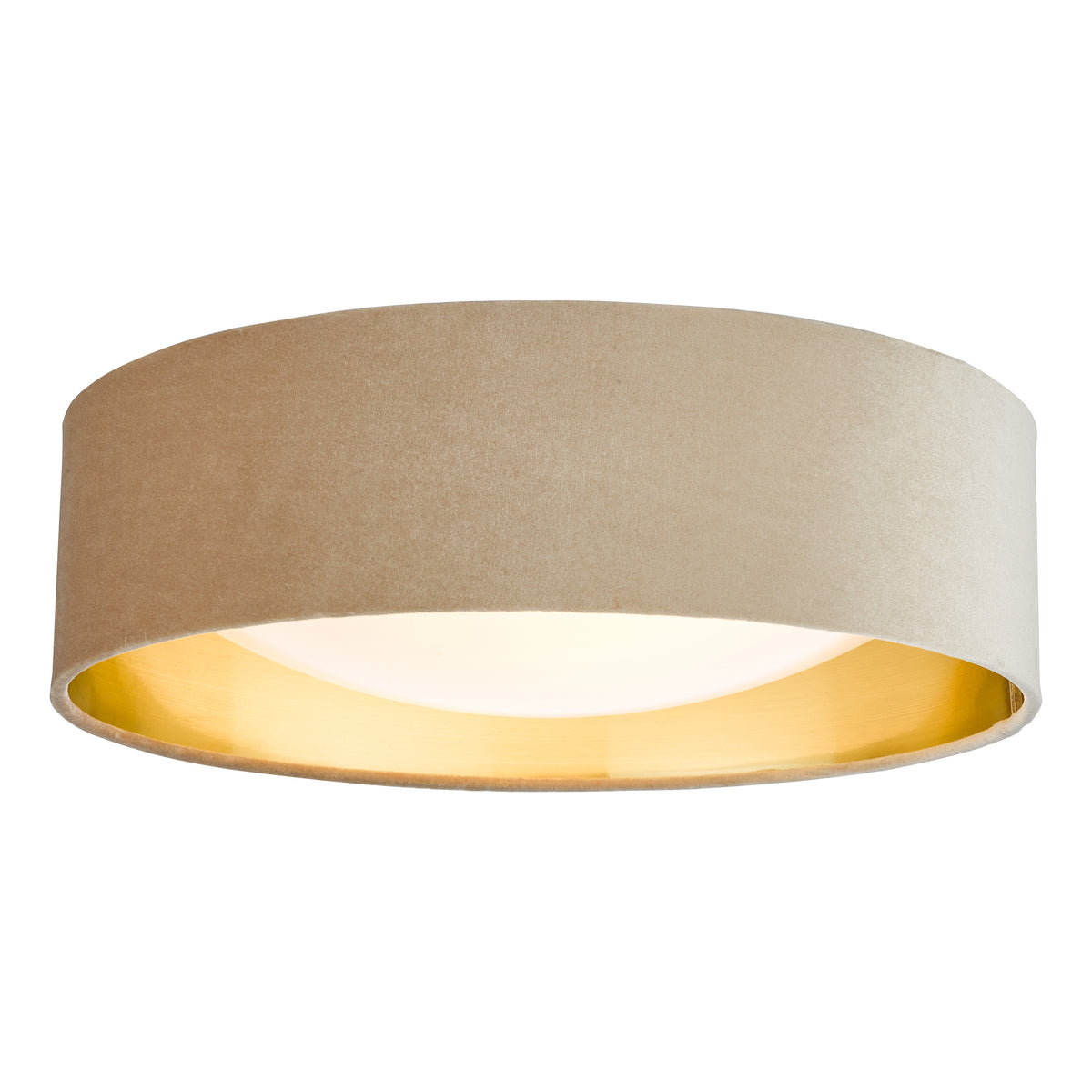Round ceiling light with a beige fabric shade and a gold interior, emitting a warm glow