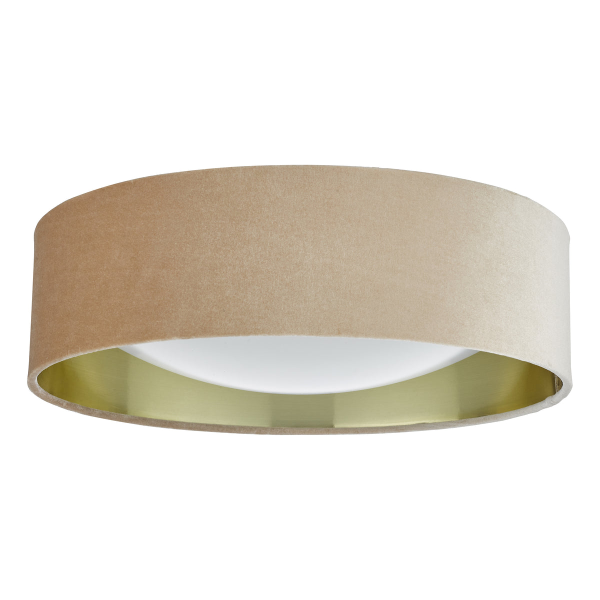 Round ceiling light with a beige fabric shade and a gold interior, viewed from below