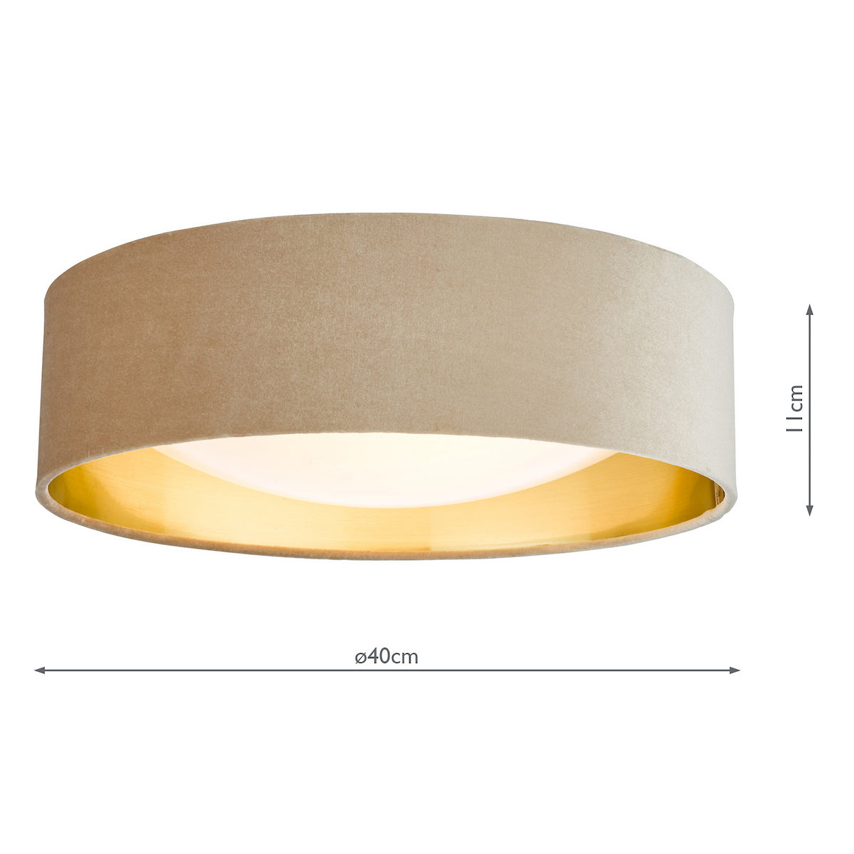 Round ceiling lamp with beige fabric shade and gold interior, 40cm diameter, 11cm height