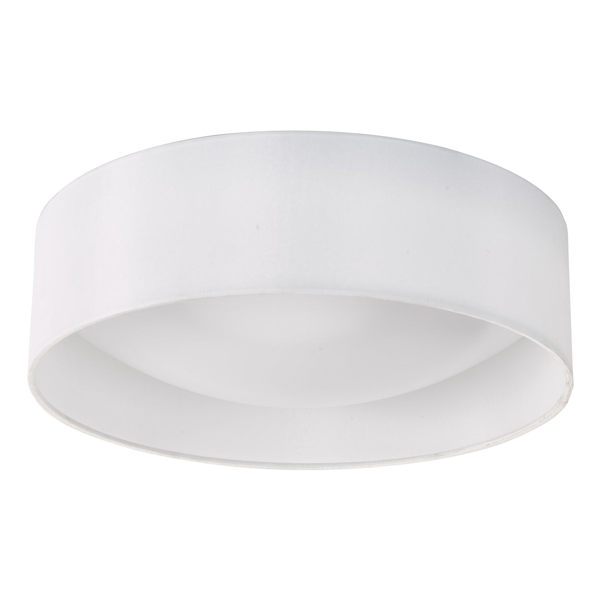 White drum ceiling light with a fabric shade and a diffuser on a white background