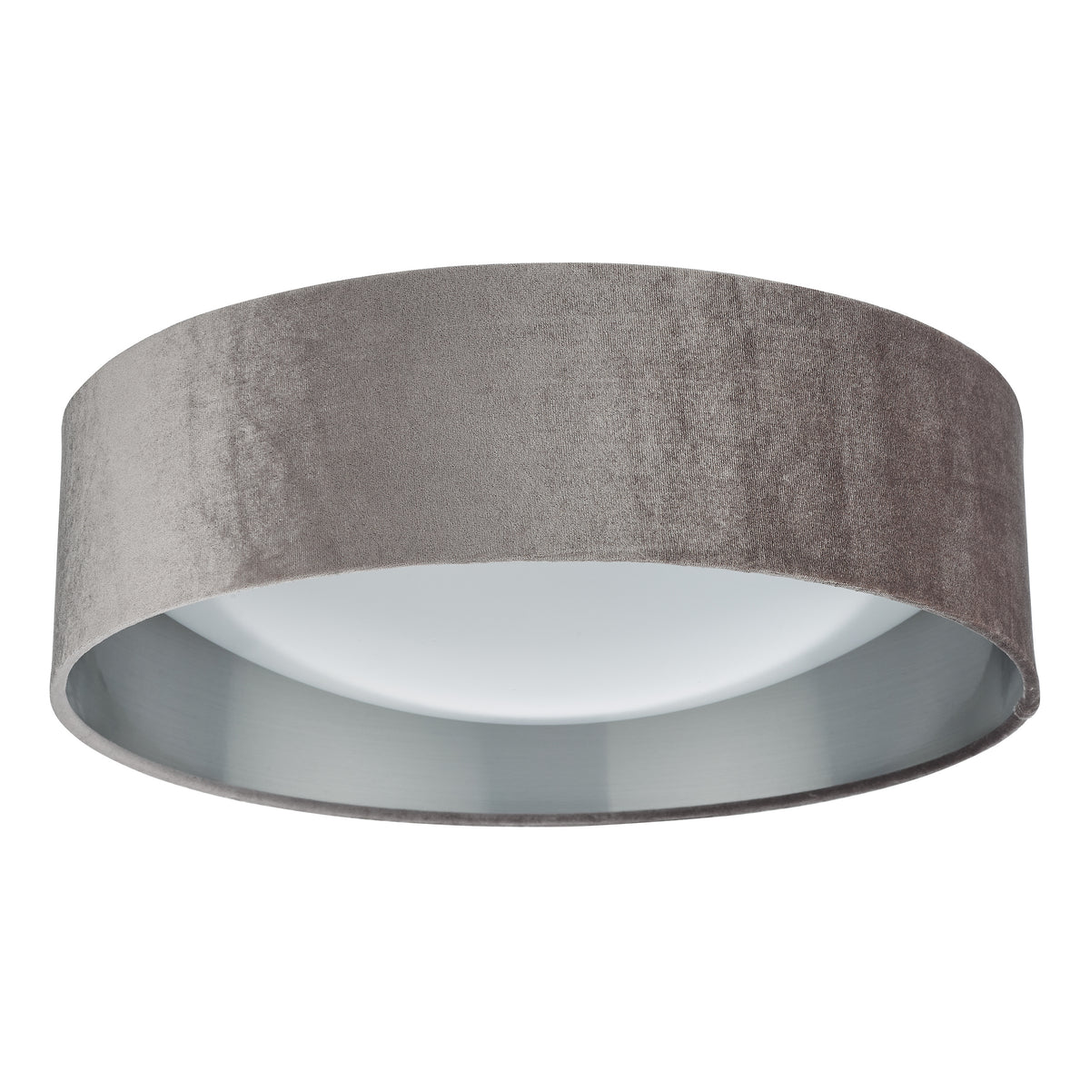 Round ceiling light with a grey velvet shade and a white diffuser