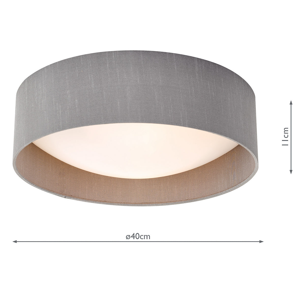 Grey fabric ceiling light with a white diffuser and dimensions of 40cm diameter and 11cm height