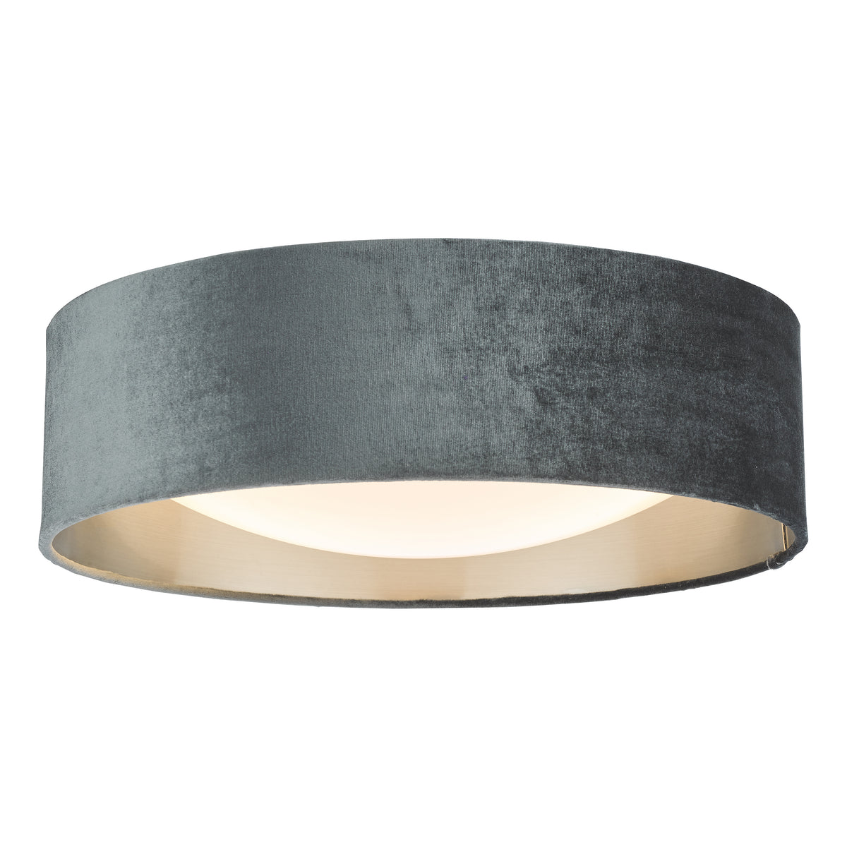 Round ceiling light with a grey velvet shade and a gold interior