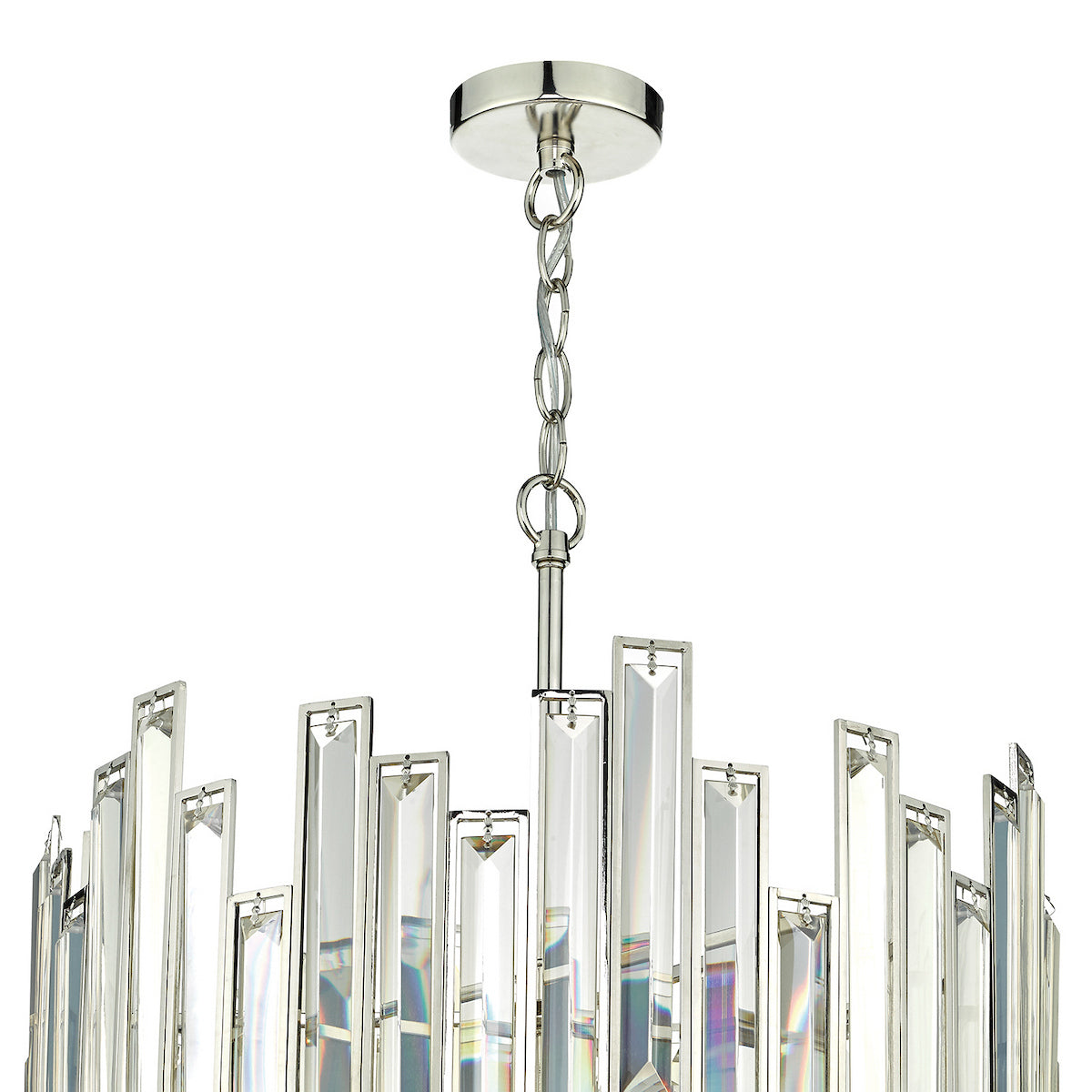 Close-up of a modern chandelier with rectangular crystal prisms and a polished nickel chain.