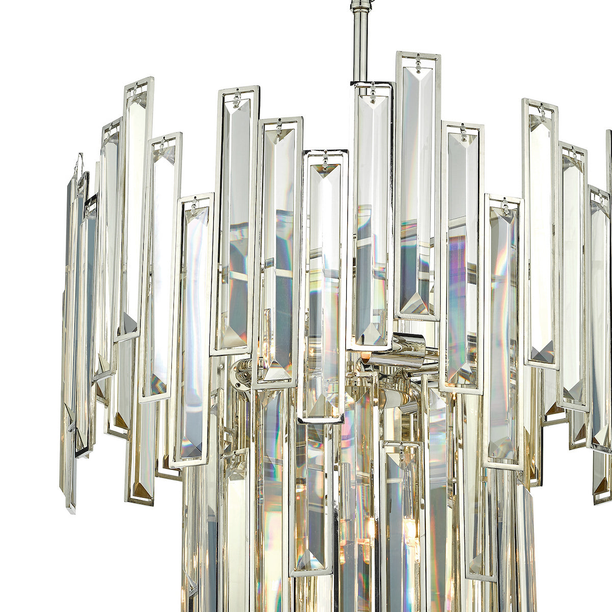 Close-up of a modern chandelier with rectangular crystal prisms and a polished nickel frame.
