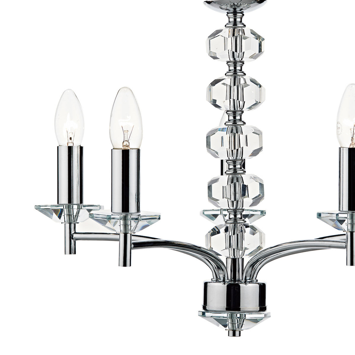Close-up of a chrome chandelier with crystal accents and three candle-style bulbs.