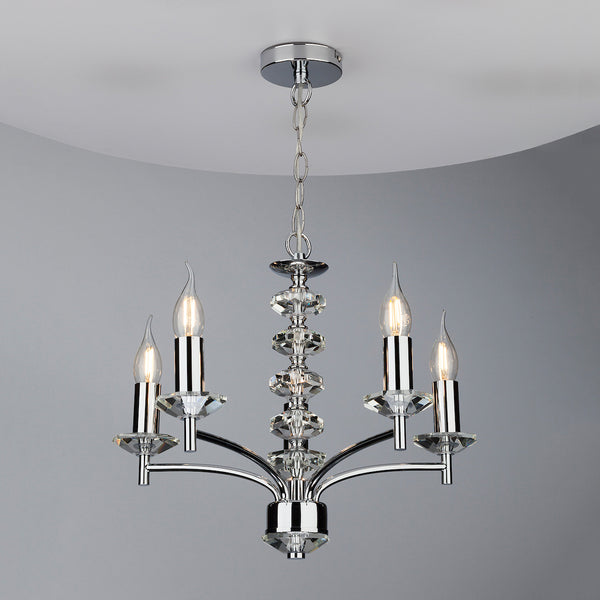 Chrome chandelier with four candle-style bulbs and crystal accents.