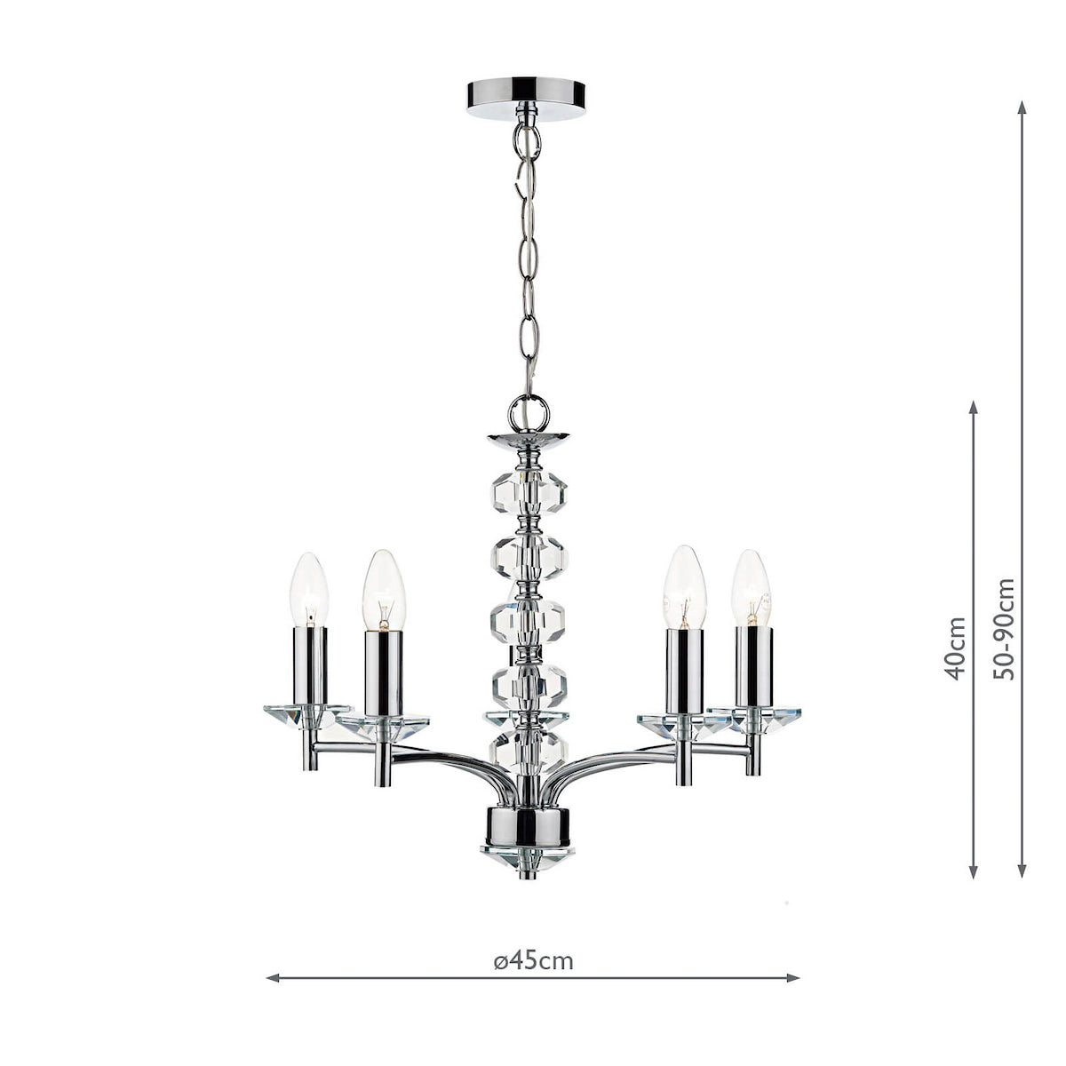 Chrome chandelier with four candle-style lights and crystal accents. It measures 45cm wide and 50-90cm high.