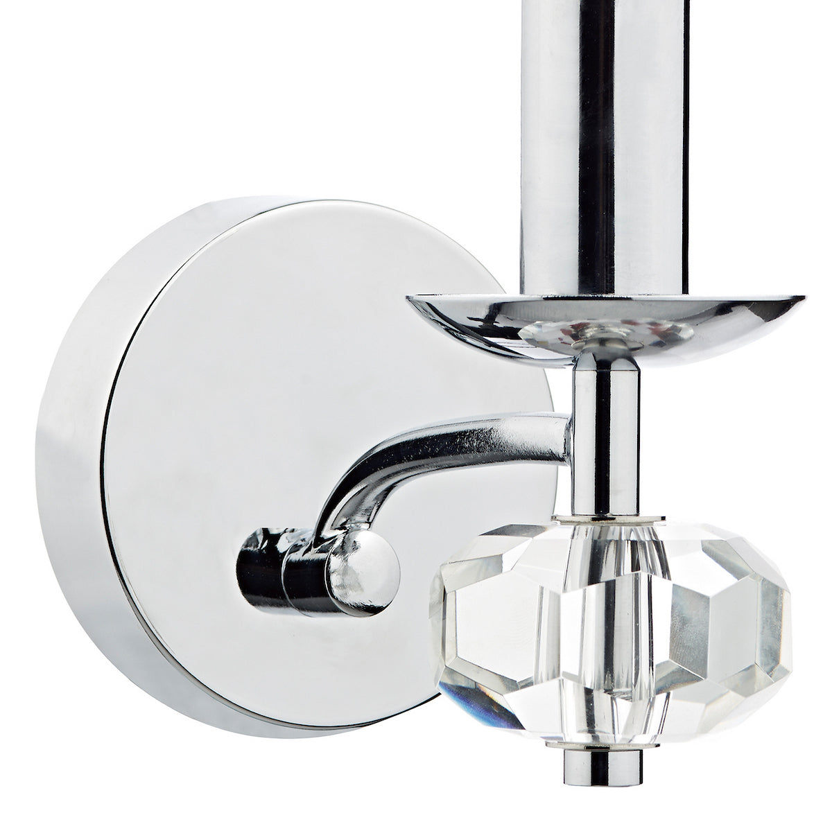 Chrome wall sconce with a clear faceted crystal accent.