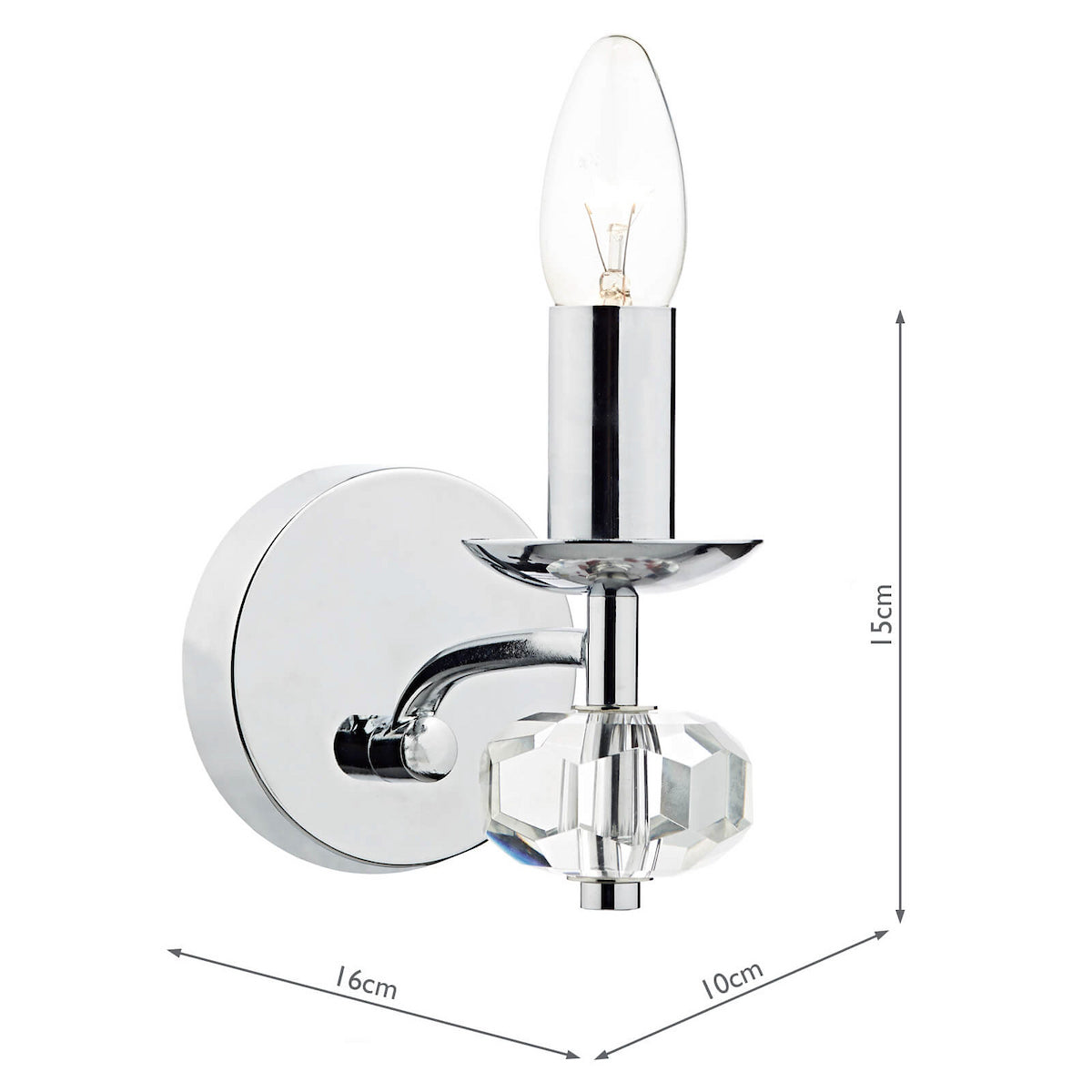 Chrome wall light with a clear crystal sphere and a candle-shaped bulb. It measures 15cm high.