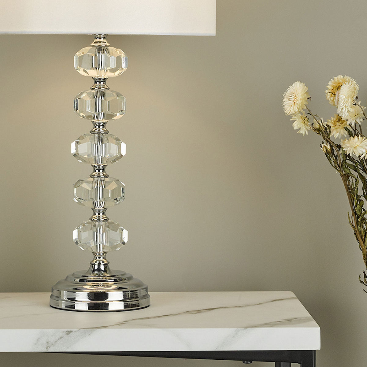 Oleana Table Lamp  in Polished Chrome and Crystal with Faux Silk Shade