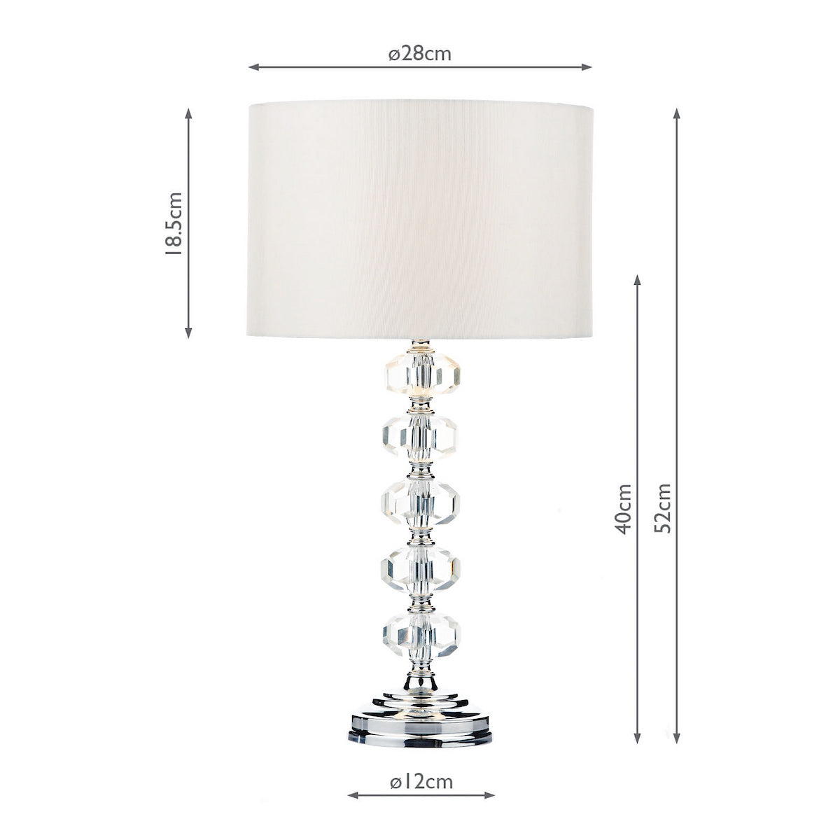 Table lamp with a white shade and a clear crystal base, with dimensions shown.