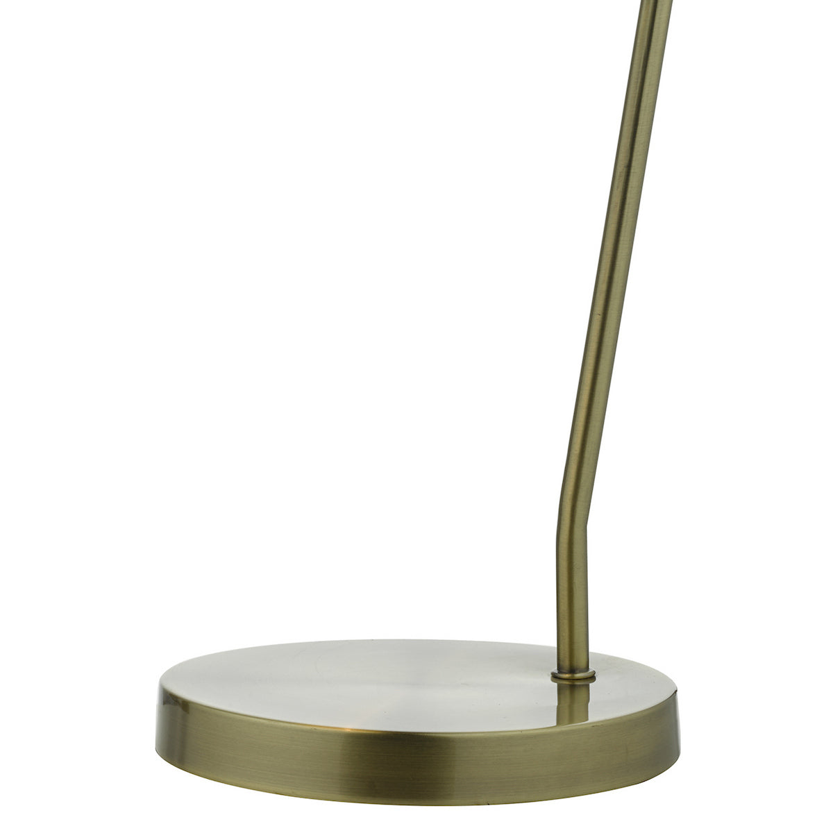 Close-up of a brass lamp base and a slender, curved brass stand.