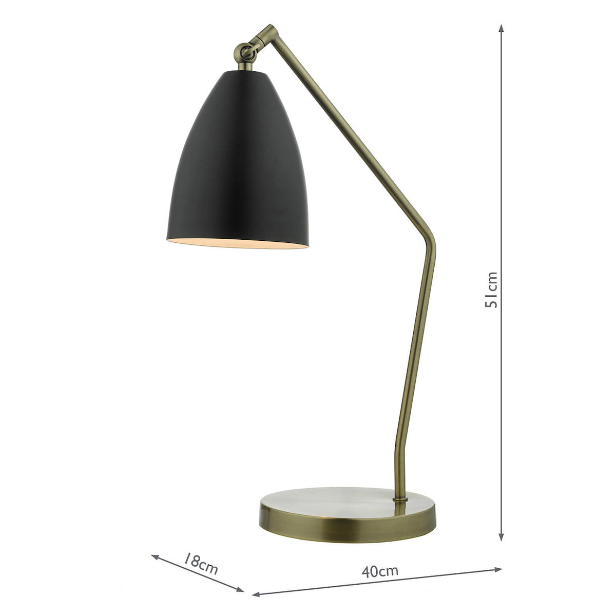Black and brass desk lamp with adjustable arm and round base, 51cm tall.