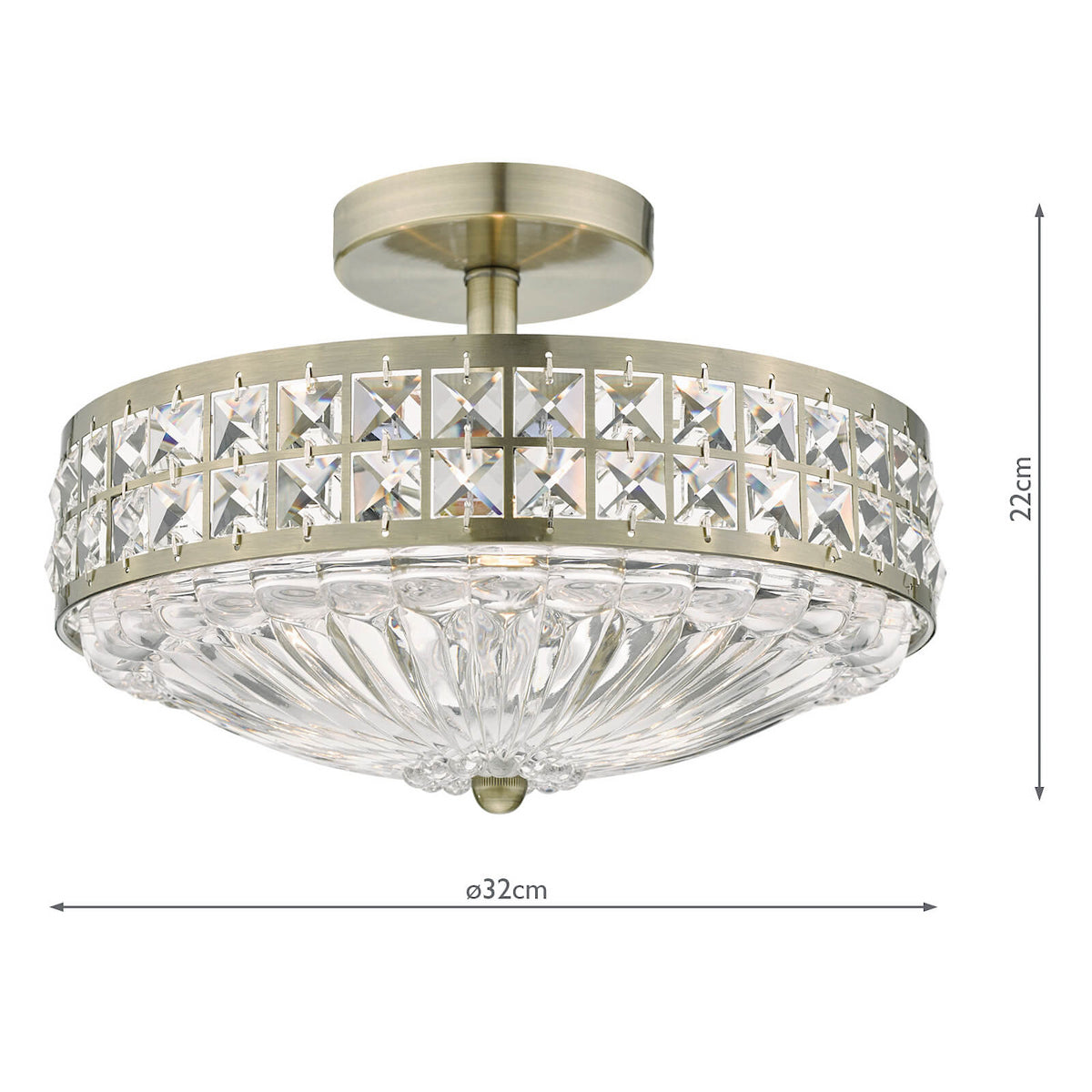 Antique brass ceiling light with a band of square crystals and a fluted glass bowl. 32cm wide, 22cm high.