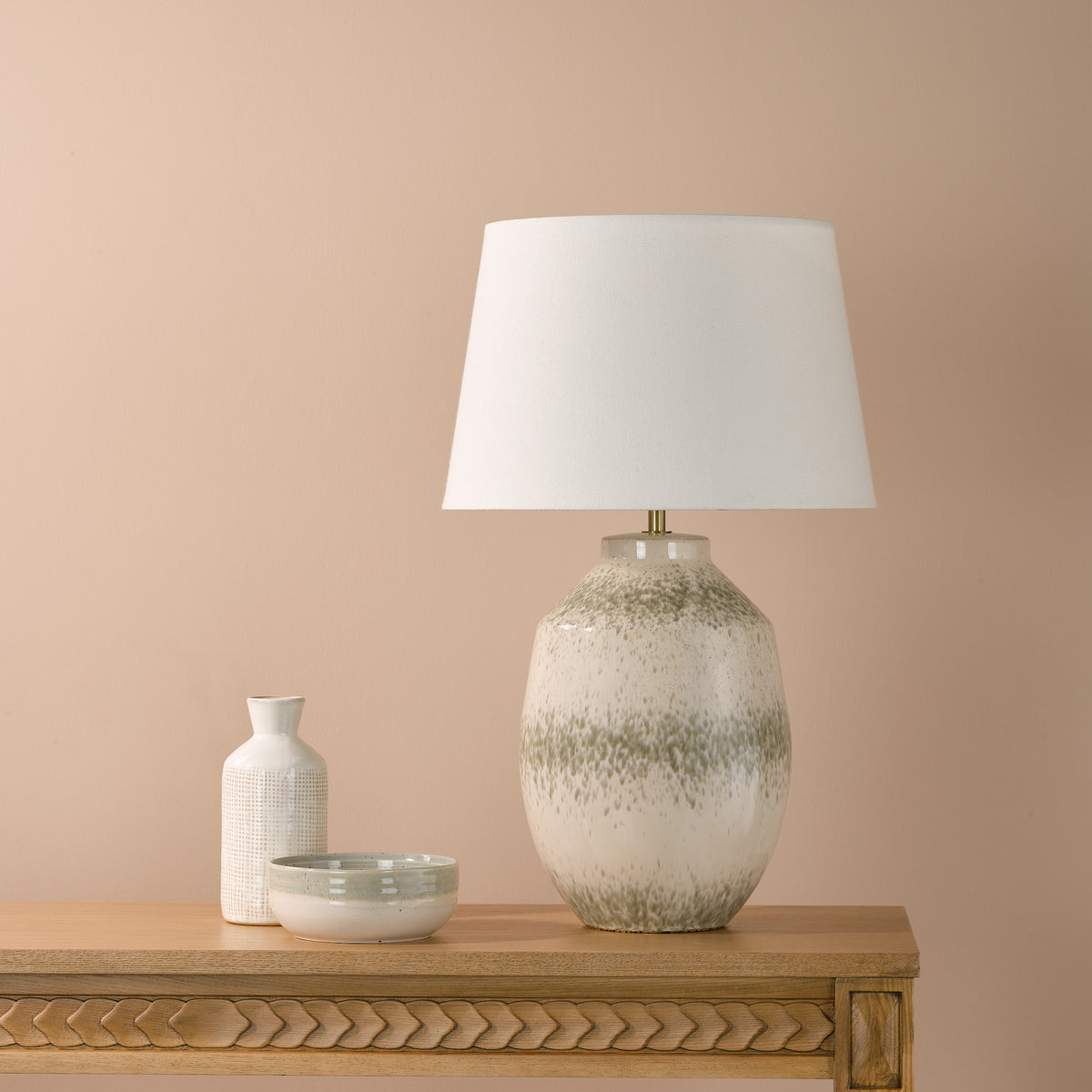 Omari Ceramic Table Lamp with Green Speckle Base & Ivory Linen Shade