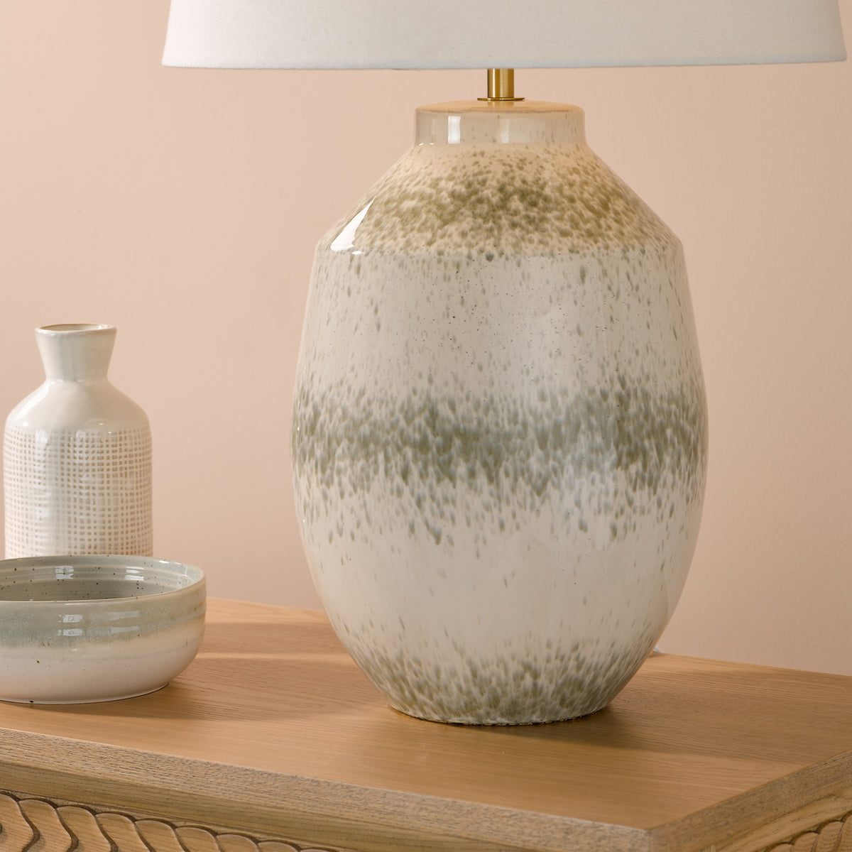 Omari Ceramic Table Lamp with Green Speckle Base & Ivory Linen Shade
